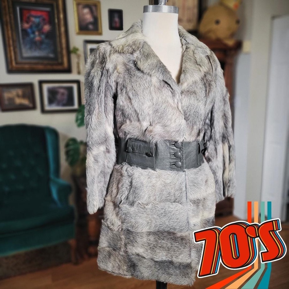 Vintage 70s Rabbit Fur Coat Gray Leather Belted Jacket‎ Glam Winter Outerwear